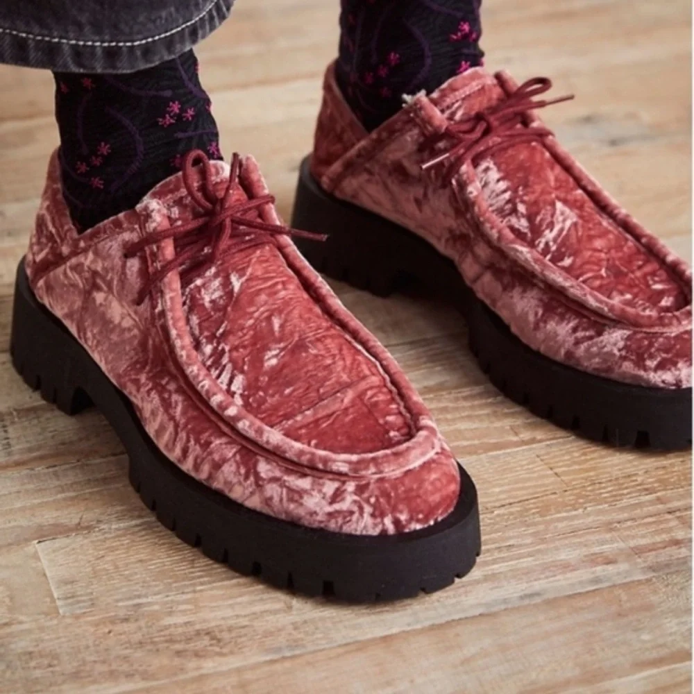 Free People y2k Velvet Platform Lace-Up Shoes in Dusty Rose